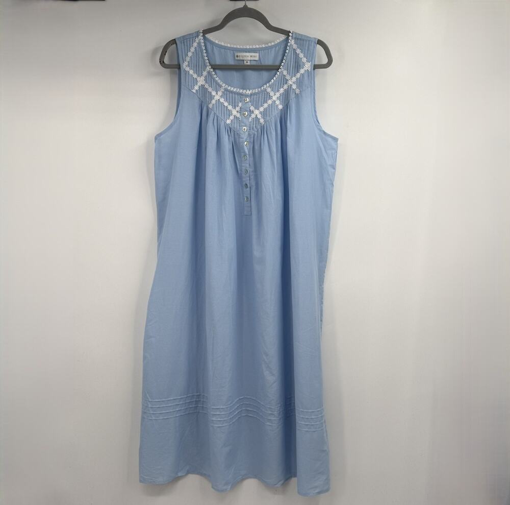 Eileen West Cotton Nightgown Size M Blue Sleeveless Button Up Lace Trim Pintuck